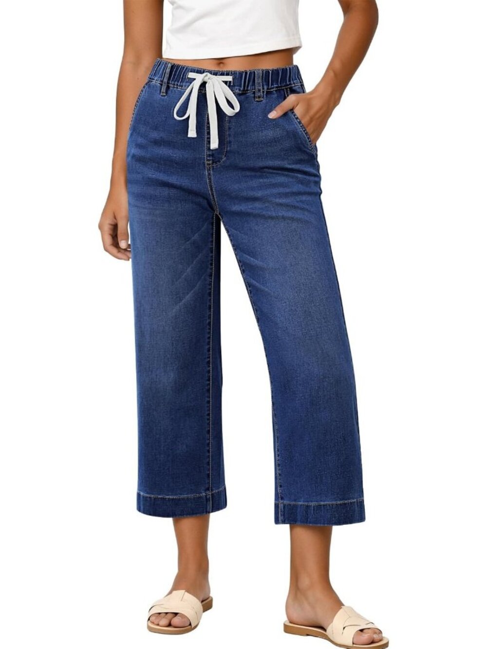 Trendy High-Waisted Wide Leg Capri Jeans for Women - Stretchy Summer Denim Pants